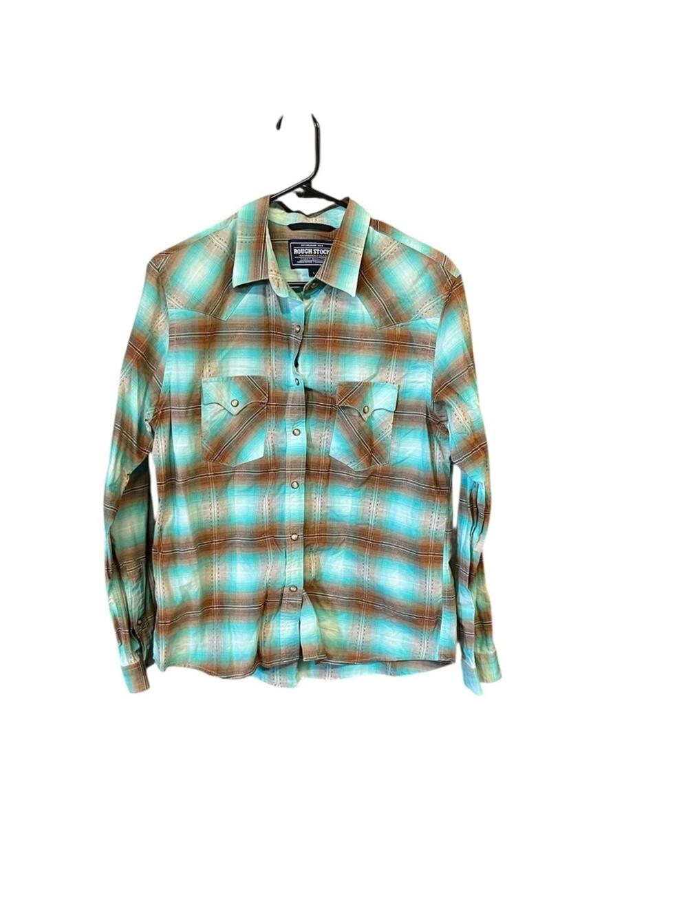 Rough stock panhandle slim western shirt women L green brown snap plaid cotton